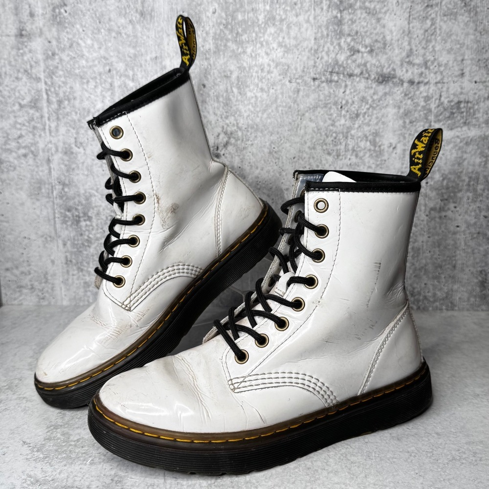 Dr. Martens Zavala White Patent Leather Combat Boots US Women 7 Men 6 Grunge